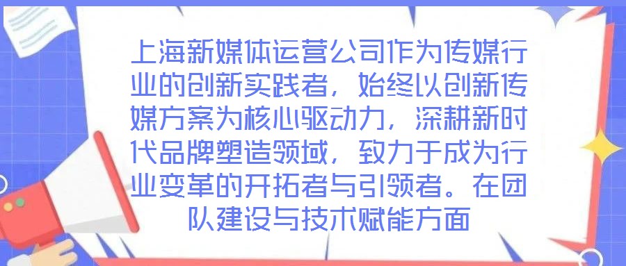 上海新媒體運(yùn)營(yíng)公司作為傳媒行業(yè)的創(chuàng)新實(shí)踐者,始終以創(chuàng)新傳媒方案為核心驅(qū)動(dòng)力,深耕新時(shí)代品牌塑造領(lǐng)域,致力于成為行業(yè)變革的開(kāi)拓者與引領(lǐng)者。在團(tuán)隊(duì)建設(shè)與技術(shù)賦能方面