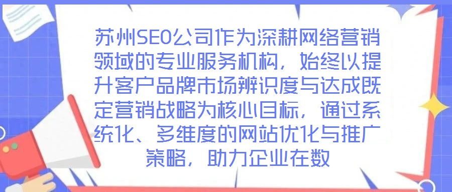 蘇州SEO公司作為深耕網(wǎng)絡(luò)營銷領(lǐng)域的專業(yè)服務(wù)機(jī)構(gòu),始終以提升客戶品牌市場辨識度與達(dá)成既定營銷戰(zhàn)略為核心目標(biāo),通過系統(tǒng)化、多維度的網(wǎng)站優(yōu)化與推廣策略,助力企業(yè)在數(shù)